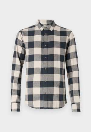 Kék és krémszínű kockás hosszú ujjú ing, gombos nyakkal, pamut anyagból, ívelt hem-el és kontrasztos gombokkal.