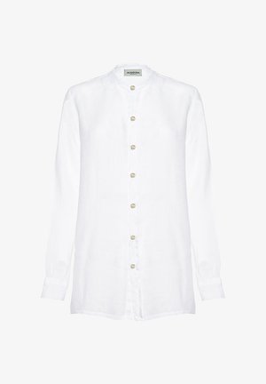 Camicia di lino bianca con colletto alla coreana, maniche lunghe e apertura frontale con bottoni. Caratterizzata da sette bottoni rotondi di colore chiaro. Texture liscia.