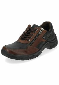 Scarpa in pelle marrone e nera con finitura texture, dotata di lacci e cerniera laterale. Suola in gomma spessa con battistrada per una migliore aderenza.