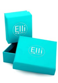 Turkis smykkeskrin med mat finish, med et hvidt cirkulært logo, der læser "Elli WE ♥ JEWELS." Én boks er delvist åben.