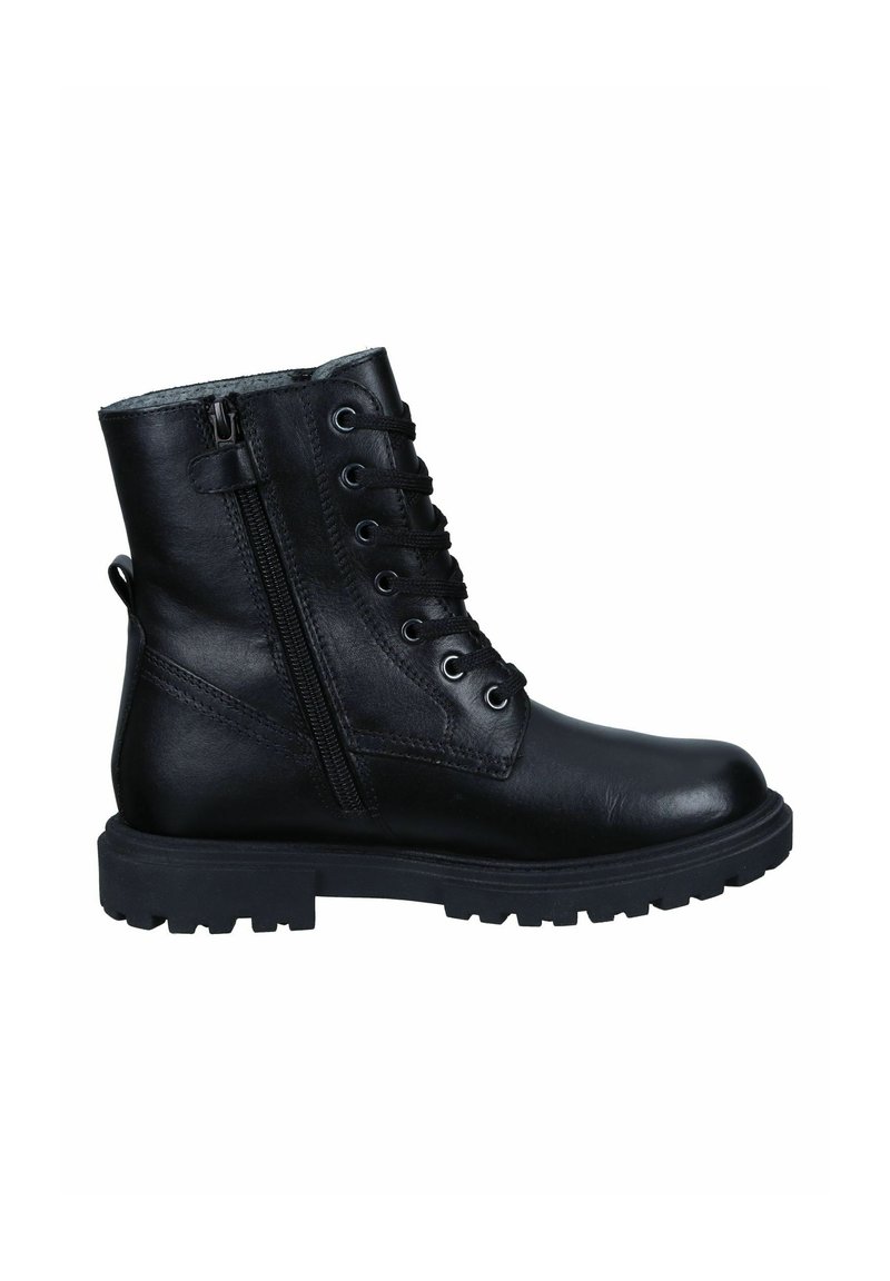 Schwarze Lederstiefelette mit Schnürung vorne, seitlichem Reißverschluss und dicker Gummisohle, die für robuste Einsätze konzipiert ist.