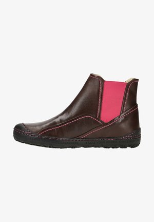 Brown leather ankle boot featuring a pink elastic side panel, contrasting pink stitching, rubber sole, and text along the sole.
