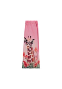 Roze hlače s grafikom žirafe u naočalama, okružene crvenim cvjetnim elementima, izrađene od mekog materijala s elastičnom gumom.