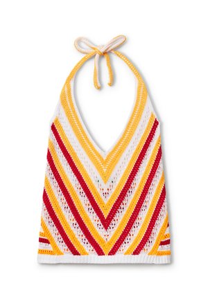 Haut en crochet à dos nu avec un design en V, featuring des rayures en zigzag jaune, rouge et blanc. Se noue au cou pour un ajustement réglable.