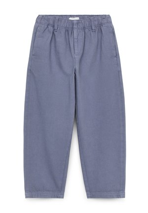 Pantalones sueltos de algodón azul para niños con cintura elástica y bolsillos laterales, diseñados para la comodidad y el uso casual.