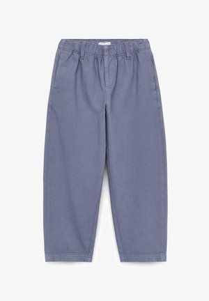 Pantalon large en coton bleu pour enfants avec ceinture élastique et poches latérales, conçu pour le confort et un usage décontracté.