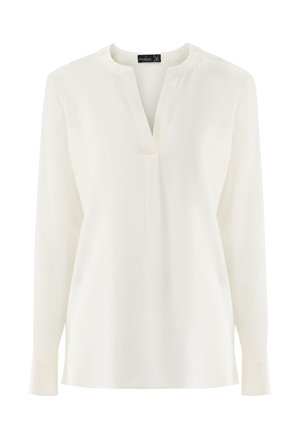 Langärmelige weiße Bluse aus glattem Stoff mit V-Ausschnitt und einer dezenten Vorderfalte, ausgestattet mit geknöpften Manschetten.
