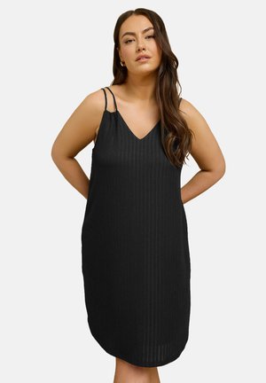 Schwarzes ärmelloses Kleid mit V-Ausschnitt, das eine gerippte Textur und dünne Träger aufweist. Es fällt über das Knie und hat eine lockere Passform.