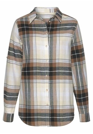 Plaid flannel shirt in earthy tones of brown, beige, and black. Features a collar, button front, and long sleeves with cuff.