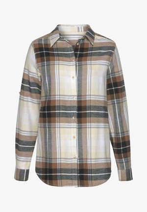 Koszula w kratę z flaneli w ziemistych odcieniach brązu, beżu i czerni. Posiada kołnierzyk, zapięcie na guziki i długie rękawy z mankietami.