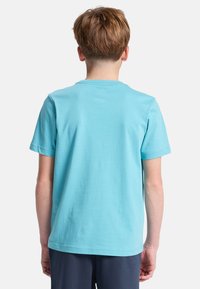 Τυρκουάζ βαμβακερό T-shirt με κοντά μανίκια, ριμπ ψηλό λαιμό και ίσιο τελείωμα, απεικονιζόμενο από πίσω. Χωρίς ορατά σχέδια ή διακοσμητικά στοιχεία.