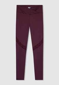 Leggings bordeaux con una ampia fascia incrociata in vita e dettagli in tessuto zebravera sui lati. Realizzati in tessuto elastico per garantire comfort.