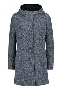 Manteau en mélange de laine bleu marine avec un motif texturé, doté d'une capuche, de cinq boutons et d'une silhouette droite.