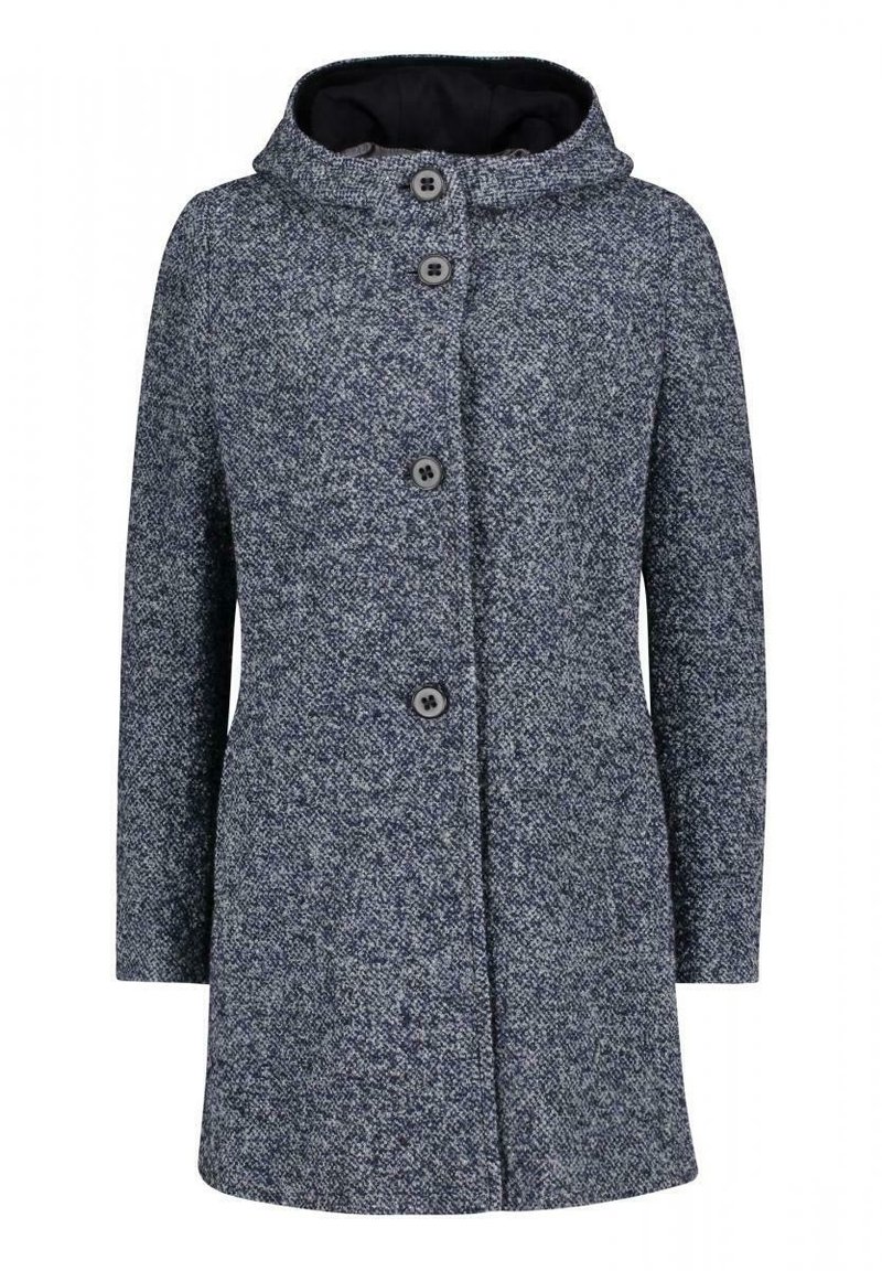 Manteau en mélange de laine bleu marine avec un motif texturé, doté d'une capuche, de cinq boutons et d'une silhouette droite.