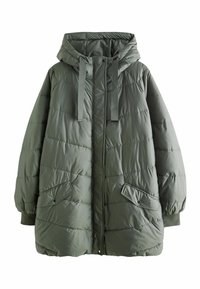 Zaļa piepūsta veste ar kapuci, kurai ir divas priekšējās kabatas, elastīgas piedurknes un kvadrātu raksts. Izgatavota no viegla, ūdensizturīga materiāla.