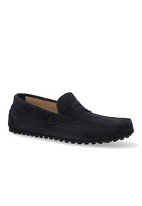 Sorte ruskinds loafers med slip-on design, der har synlige s�ømme, en rund tå og en struktureret gummisål for godt greb.