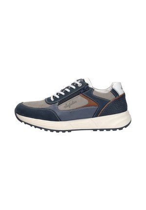 Low-top sneaker in navy, gray, and brown with white laces, side zipper, cushioned sole, and "Australian" logo on outer side panel.