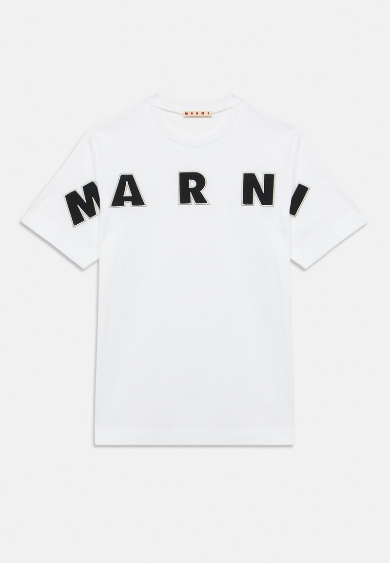 T-shirt branca de algodão com a inscrição "MARNI" em preto no peito. Gola redonda e mangas curtas com textura suave.