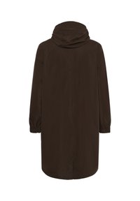Long manteau à capuche marron foncé avec manches longues et poignets élastiques, montré de dos sur fond blanc.