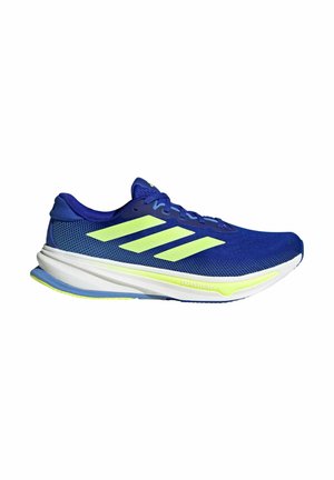 Blue athletic shoes with a breathable mesh upper, bright yellow accents, a white midsole, and a streamlined silhouette for performance.