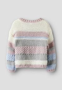 Megztinis su apvaliomis apykaklėmis. Savybės horizontalios juostos kremine, rožine, pilka ir šviesiai mėlyna spalvomis. Stora tekstūra ir laisvas kirpimas.