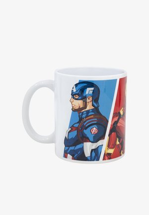 White ceramic mug featuring Captain America and Iron Man designs. Smooth finish, vibrant blue and red colors, with detailed character illustrations.