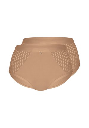 Zwei beigen High-Waist-Slips mit gemusterten Netz-Seitenteilen und einer kleinen dekorativen Schleife am vorderen Bund.