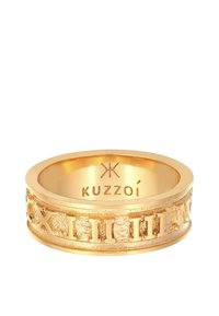 Gold-tone ring featuring engraved numerals and a textured finish. The inner band showcases the brand name "Kuzzoi" in a simple font.