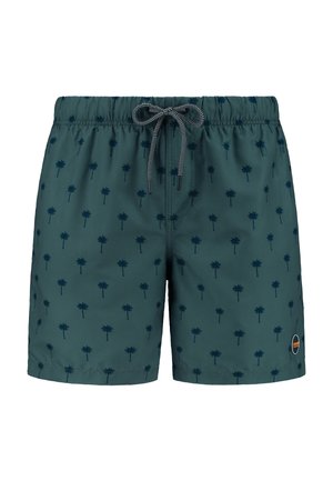 Shorts de bain en tissu teal avec un motif répété de palmiers sombres. Équipés d'une taille élastique avec cordon de serrage et d'un accent logo sur le côté.