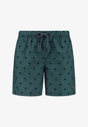 Schwimmshorts aus teal-farbenem Stoff mit wiederholtem dunkelgrünem Palmenmuster. Sie verfügen über einen elastischen Bund mit Kordelzug und einem Logo-Akzent an der Seite.