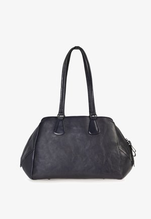 Dunkelblaue Leder-Tote mit doppelt stabilen Griffen, glatter Textur, leicht abgerundeter Form und dezenten Ziernähten entlang der Nähte.