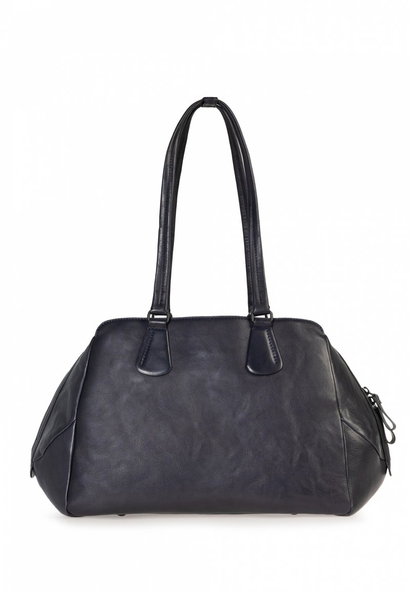 Borsa tote in pelle blu scuro con doppio manico resistente, una texture liscia, una forma leggermente arrotondata e dettagli di cucitura discreti lungo le cuciture.