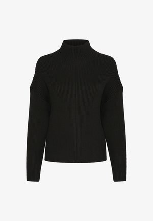 Black knitted sweater with a high collar, wide shoulders, and ribbed texture. Features long sleeves and a cropped, boxy fit.