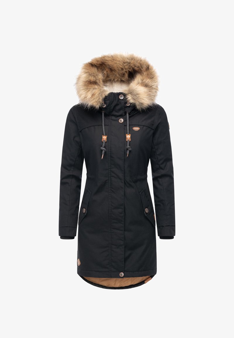 Geacă parka neagră cu glugă căptușită cu blană, închidere cu șnur, două buzunare laterale și accente maro pe nasturi și pe emblema logo. Căptușeală interioară moale.