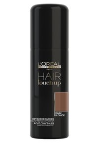 L'Oréal Hair Touch Up i en elegant svart sprayburk. Har guldtext och en mörk blond färgprov på etiketten. Mjuk textur.