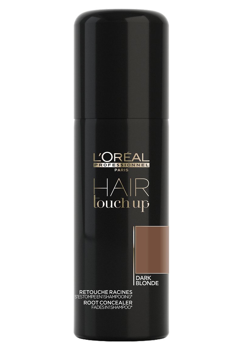 L'Oréal Hair Touch Up i en elegant svart sprayburk. Har guldtext och en mörk blond färgprov på etiketten. Mjuk textur.