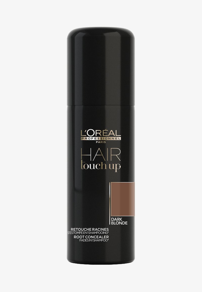 L'Oréal Hair Touch Up i en elegant svart sprayburk. Har guldtext och en mörk blond färgprov på etiketten. Mjuk textur.