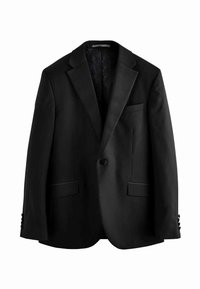 Schwarzer Blazer mit einem einzelnen Knopfverschluss, Reverskragen, zwei vorderen Taschen und subtilen Steppdetails an den Ärmeln. Glatte Stofftextur.
