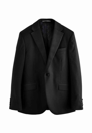 Blazer nero con chiusura a un bottone, rever a punta, due tasche anteriori e dettagli di cucitura sottili sulle maniche. Tessuto dal texture liscia.
