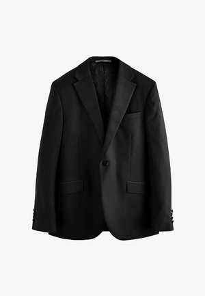 Schwarzer Blazer mit einem einzelnen Knopfverschluss, Reverskragen, zwei vorderen Taschen und subtilen Steppdetails an den Ärmeln. Glatte Stofftextur.