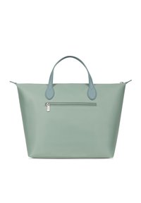 Borsa a tracolla grande di colore verde chiaro con due manici e una tasca frontale orizzontale con zip, esposta su uno sfondo bianco.