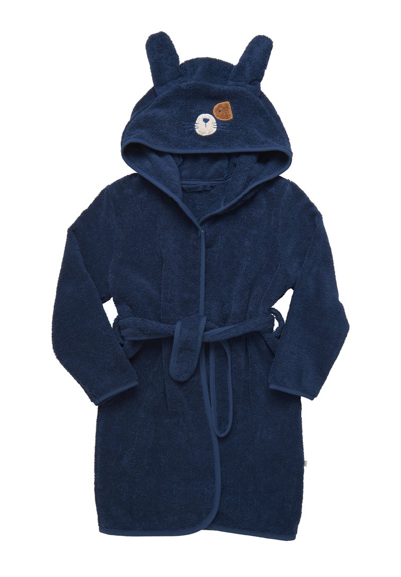 Un peignoir de bain à capuche bleu marine en tissu éponge texturé. Il présente des oreilles de lapin sur la capuche et un design de visage brodé avec un accent marron.
