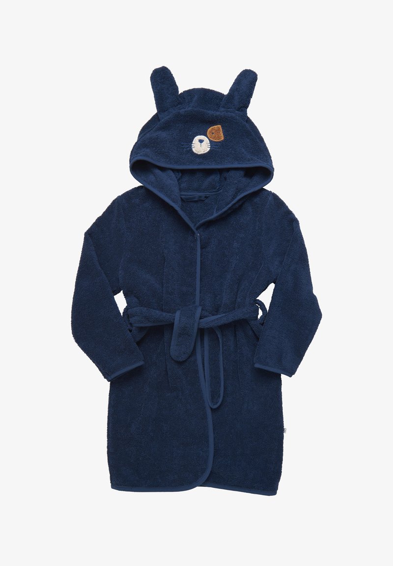 Un peignoir de bain à capuche bleu marine en tissu éponge texturé. Il présente des oreilles de lapin sur la capuche et un design de visage brodé avec un accent marron.