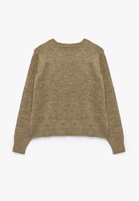 Beiger gestrickter Pullover mit klassischem Rundhalsausschnitt, langen Ärmeln und normaler Passform. Er zeichnet sich durch eine weiche Textur und ein einfaches Design aus.