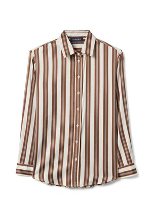 Langarm overhemd met knopen, voorzien van bruine en witte verticale strepen, puntige kraag en knoopmanchetten, plat uitgespreid op een witte achtergrond.
