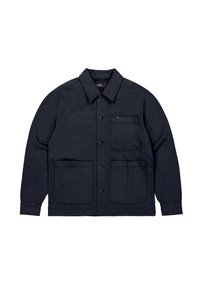 Donkerblauwe button-up jack met kraag, lange mouwen, drie voorzakken en een klein metalen detail op de borstzak.