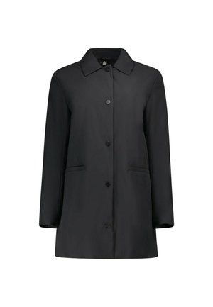 Cappotto impermeabile nero con colletto a punta, chiusura frontale con bottoni, due tasche laterali e una texture liscia. Design classico a taglio dritto.