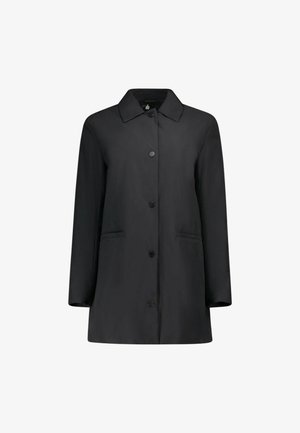 Cappotto impermeabile nero con colletto a punta, chiusura frontale con bottoni, due tasche laterali e una texture liscia. Design classico a taglio dritto.