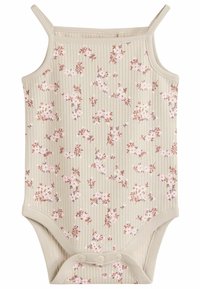 Body bébé côtelé beige avec fines bretelles et petit imprimé floral rose, doté de boutons-pression à l’entrejambe pour la fermeture.