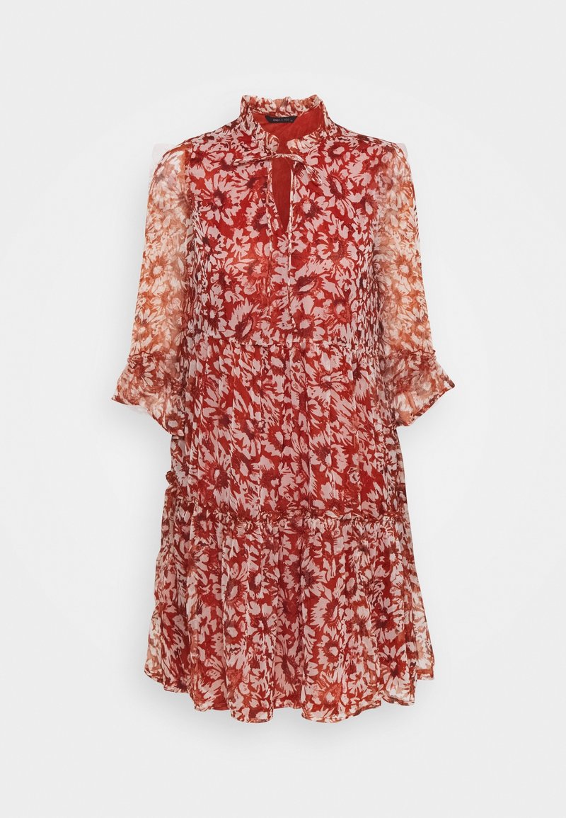 Robe fleurie rouge en tissu transparent, col haut et manches longues évasées. Caractérisée par des volants superposés à l'ourlet et une fermeture nouée au niveau du cou.